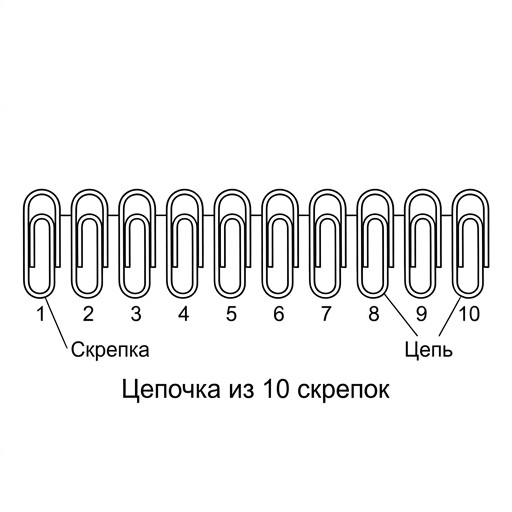 Black and white contour line art of 10 small identical paper clips connected in a long chain, horizontal, simple outline