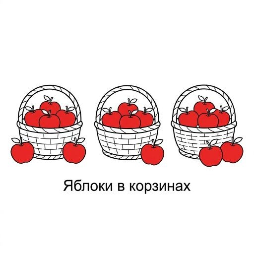 Realistic illustration of 3 small wicker baskets and 12 bright red apples on a plain background, colorful and simple.
