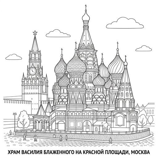 Black and white simple contour line drawing of Saint Basil's Cathedral with its unique patterned onion domes on Red Square, coloring page style, no shading.