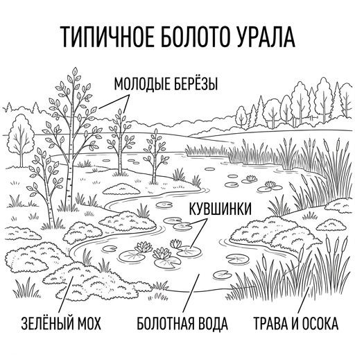 Realistic color photo of a marshy area with green moss, small birch trees and water lilies, typical Ural wetland.
