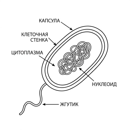 Simple line-art drawing of a bacterium cell, showing a capsule, cell wall, cytoplasm, a coiled nucleoid in the center, and one long flagellum. Black and white for coloring.