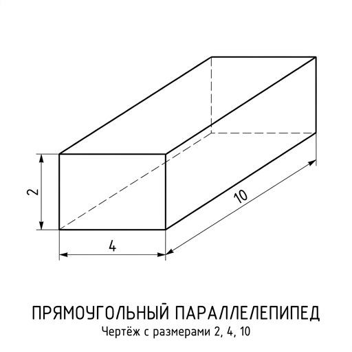 Black and white contour drawing of a rectangular prism (parallelepiped) with dimensions 2, 4, 10. No shading, thin lines, technical style.