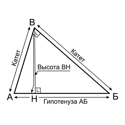 Black and white schematic drawing of a right triangle ABC with altitude CH. Hypothenuse AB, height CH. Line art.