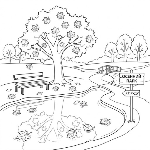 Realistic color illustration of an autumn park, yellow maple trees, a wooden bench, and a blue pond with fallen leaves.