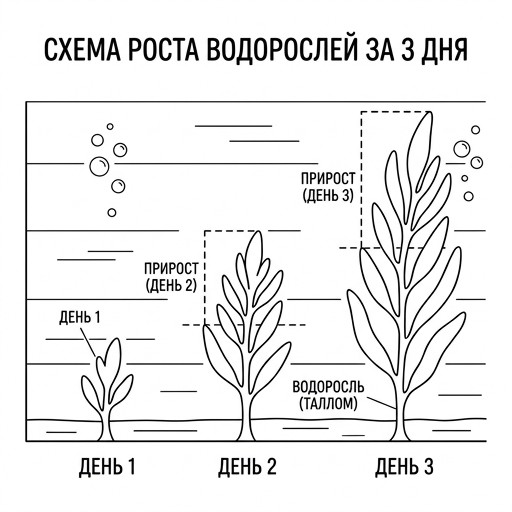 Black and white contour line art, underwater seaweed with marks for 3 days of growth, simple technical diagram, no shading.