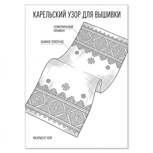 A traditional Karelian embroidery pattern on a linen towel, red geometric folk ornament, line art style for coloring, realistic texture.