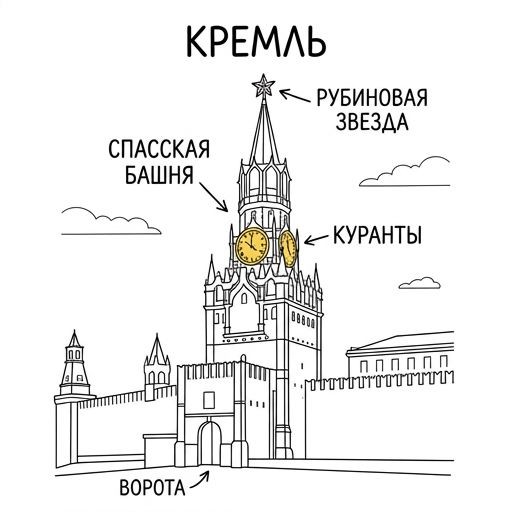 A realistic color photograph of the Spasskaya Tower of the Moscow Kremlin with its famous ruby star on top and the large golden clock (Chimes) visible. Clear blue sky in the background.