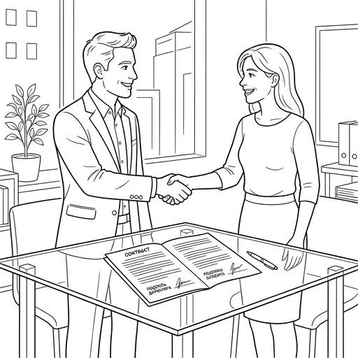 Realistic photograph of two professionals shaking hands over a signed contract on a glass table in a bright office.
