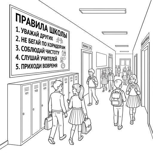 Realistic illustration of a school hallway with a bright poster on the wall listing rules like 'Respect each other', 'No running', with students walking by.