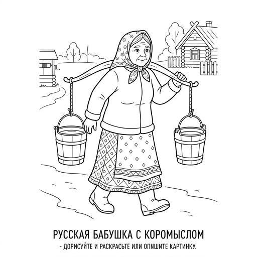 Black and white line art, contour drawing of an old Russian grandmother with a yoke and buckets.