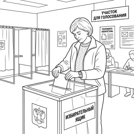 Realistic photograph of a citizen at a polling station, carefully placing a ballot into a transparent voting box, bright modern interior.
