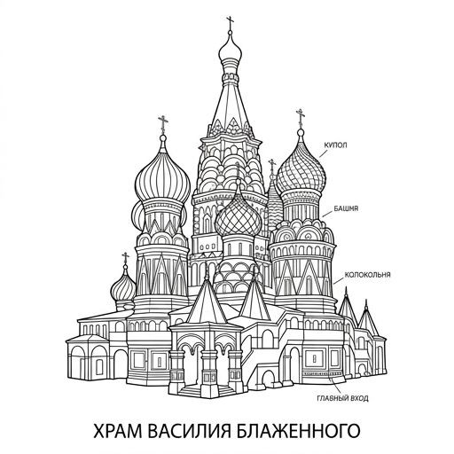Black and white contour drawing of Saint Basil's Cathedral, coloring page style.