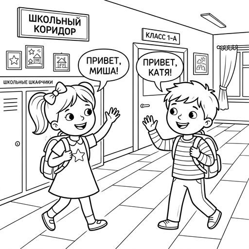 Black-and-white line-art coloring page for kids: two happy 7-year-old children waving hello to each other in a school hallway, simple bold contours, no shading, suitable for crayons.