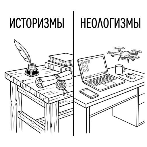 Black-and-white line-art: a split scene for coloring. On one side, an old wooden table with a quill pen, an inkwell, and a wax-sealed scroll (historicisms). On the other side, a modern desk with a sleek laptop, a smartphone, and a small flying drone (neologisms). Simple bold contours, no shading, white background.