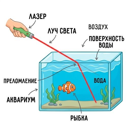 Преломление: изменение направления луча при попадании из воздуха в воду