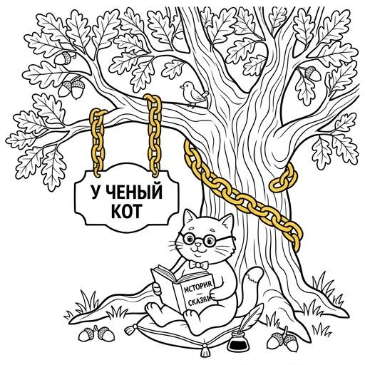Black-and-white line-art coloring page for kids: a scholarly cat with glasses sitting under a giant oak tree with a thick golden chain around the trunk, simple bold contours, no shading.
