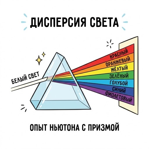 Дисперсия: расщепление белого света на семь цветов радуги внутри призмы