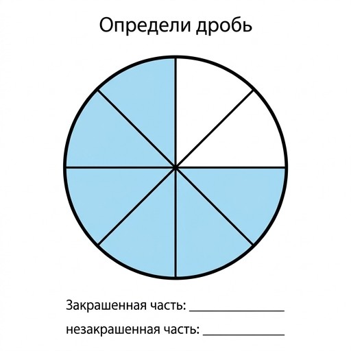 Black and white line-art for math worksheet: A circle divided into 8 equal sectors, 6 sectors are shaded light blue, 2 sectors are white. Simple bold contours, white background.
