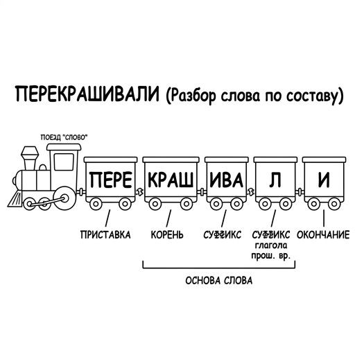 Black-and-white line-art: A large stylized word 'ПЕРЕКРАШИВАЛИ' broken into segments like a train, where each segment is a box for a morpheme: ПЕРЕ-КРАШ-ИВА-Л-И.