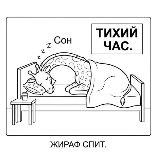 Black-and-white line-art: A giraffe sleeping on a straight bed with a small pillow, looking very peaceful, simple bold contours.