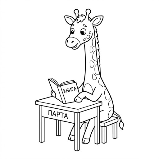 Black-and-white line-art: A cute cartoon giraffe sitting straight at a small school desk with a book, simple bold contours, no shading.