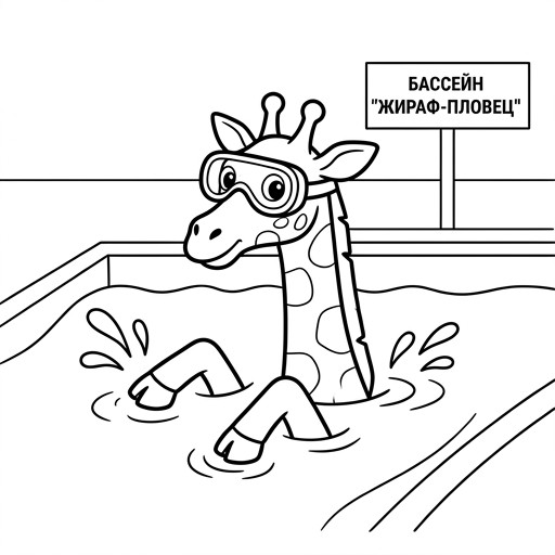 Black-and-white line-art: A giraffe wearing swimming goggles, swimming in a pool with water splashes, simple bold contours.