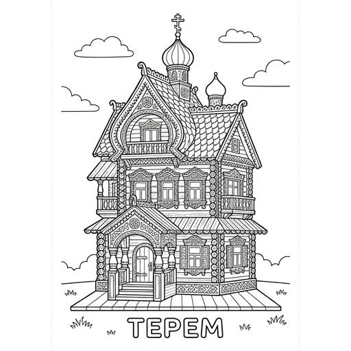 Black-and-white line-art coloring page for kids: a beautiful traditional Russian wooden tower (terem) with ornate carvings, simple bold contours, no shading, suitable for crayons.