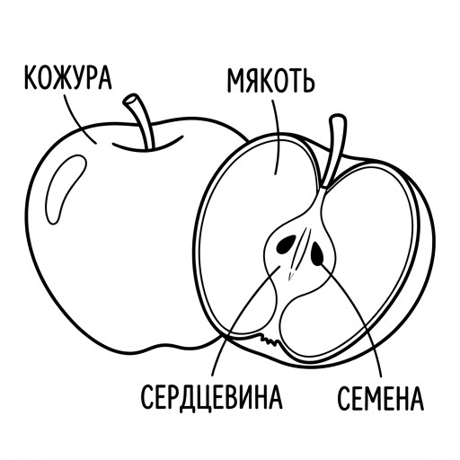Black-and-white line-art coloring page for kids: a large apple cut in half, showing skin, flesh, core, and seeds. Simple bold contours, no shading.