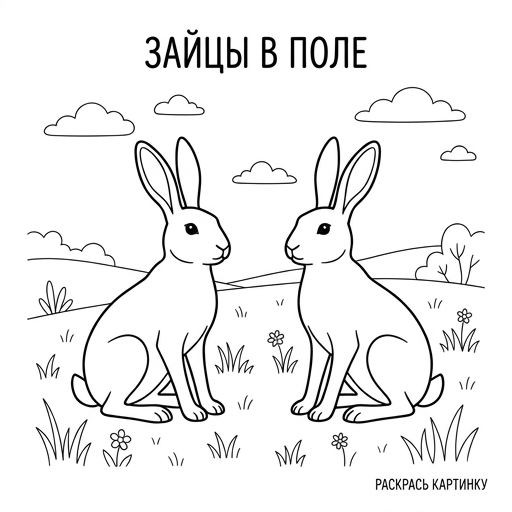 Black-and-white line-art: two identical hares sitting in a field, simple bold contours, no shading, suitable for coloring.