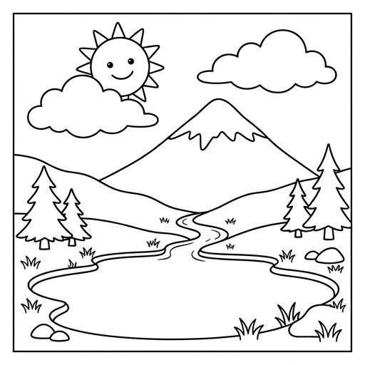 Black-and-white line-art coloring page for kids: a landscape with a large smiling sun, fluffy clouds, a mountain with a snow cap, and a large lake with a small river. Simple bold contours, no shading.