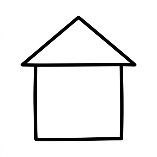 Minimalist black and white line art for kids: a very simple house icon, basic square and triangle roof, no details, bold thick lines, no text.