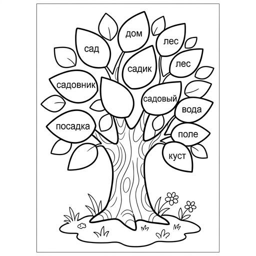 Black-and-white line-art coloring page for kids: a large cartoon tree with big clear leaves. Inside some leaves, ONLY the words "садик", "садовник", "посадка", "садовый", "сад" are written in a simple clear font. Other leaves are empty or have simple words like "лес", "дом". NO gibberish, NO "свидк". Simple bold contours, large details.