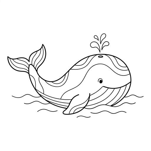 Black and white line-art for kids: a large whale in the water with a small water spout from its blowhole, simple illustration, no text.