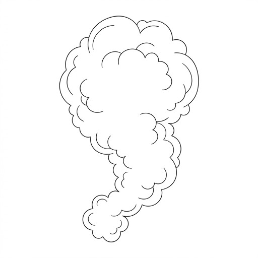 Black and white line-art for kids: a curly cloud of smoke rising up into the air, simple minimalist drawing, no text.