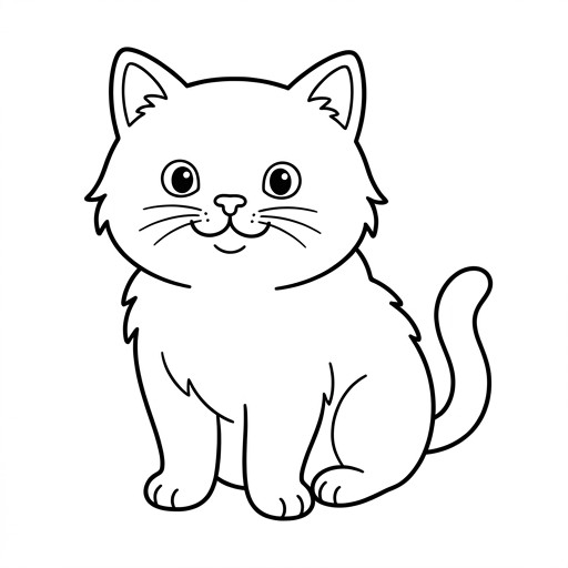 Black and white line-art for kids: a cute fluffy cat sitting and looking forward, simple shapes and bold lines, no text.
