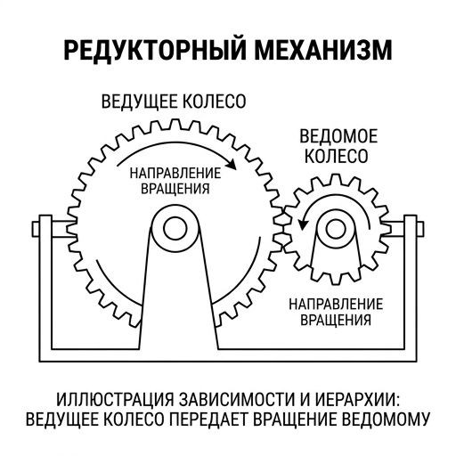 A large mechanical gear connected to a smaller one, showing dependency and hierarchy, schematic line drawing.