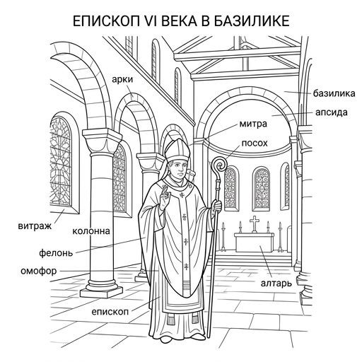 Realistic color illustration of an early medieval bishop in ceremonial robes standing inside a stone basilica with stained glass, 6th century style.