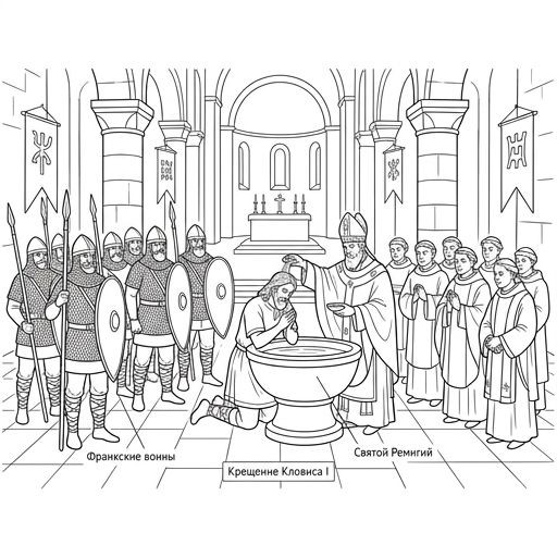 Realistic historical oil painting: Clovis I receiving baptism in a cathedral, surrounded by Frankish warriors and Christian priests, dramatic lighting, 5th century setting.
