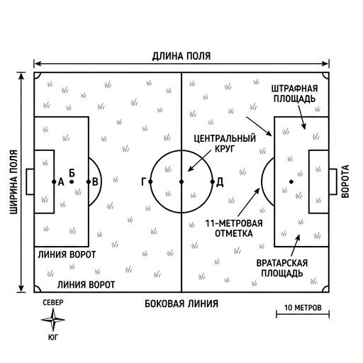 A top-down schematic view of a football field with points A, B, C marked on the penalty line and points D, E on the center line. Realistic green grass texture.