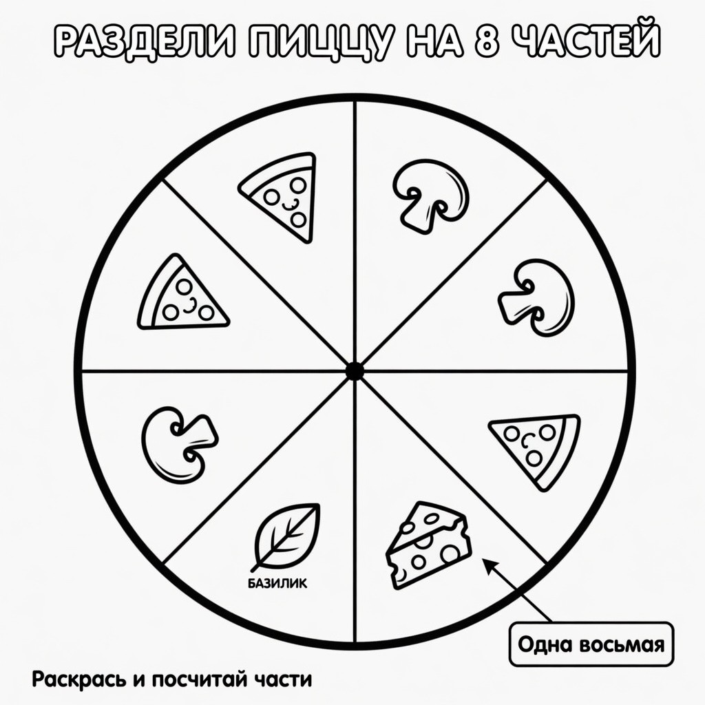 Black-and-white line-art coloring page for kids: a large circle divided into 8 equal pizza-like sectors by thin lines, simple bold contours, no shading, white background.