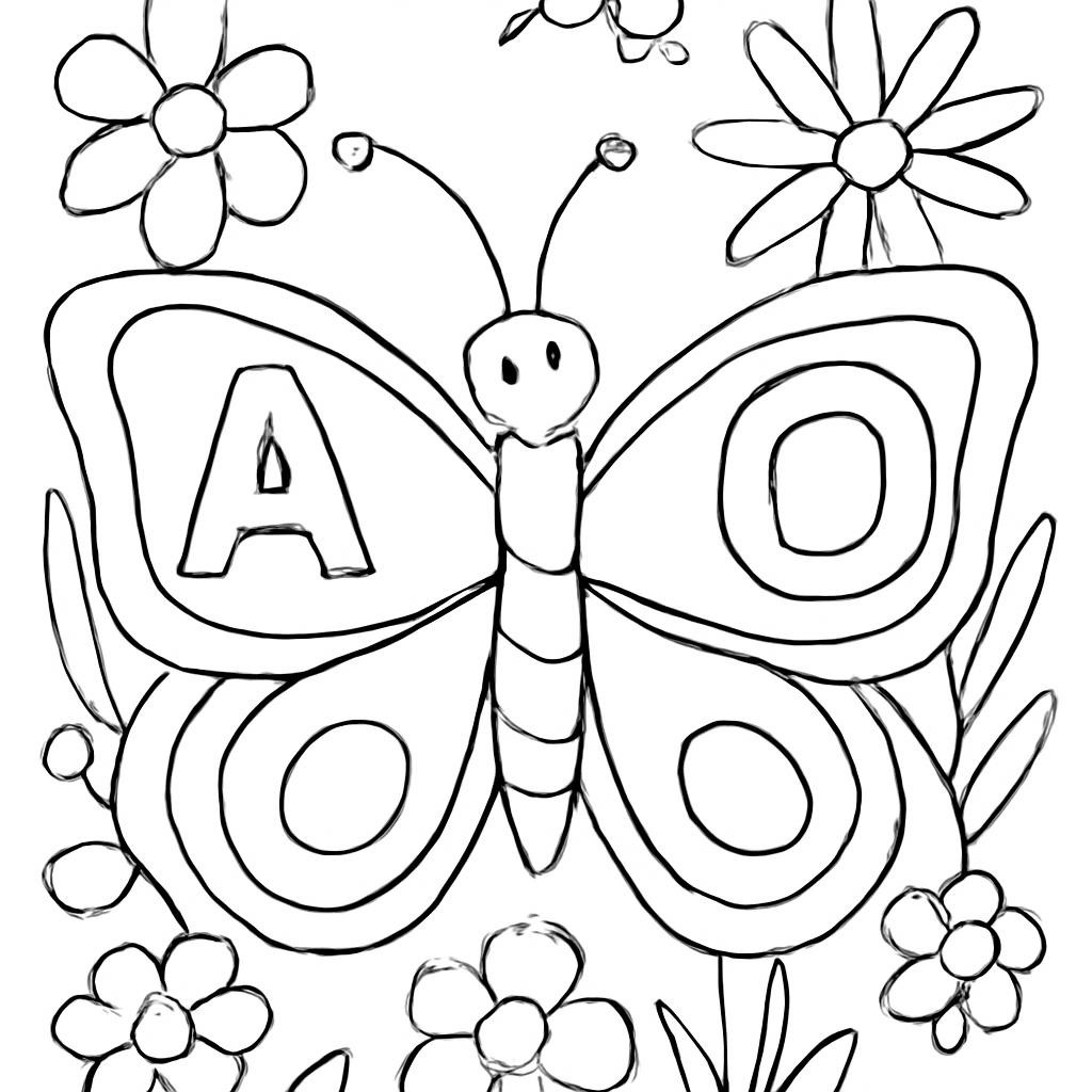 Black-and-white line-art coloring page for kids: a large butterfly with letters A and O on its wings, simple bold contours, no shading, summer flowers in background, clear and friendly style.