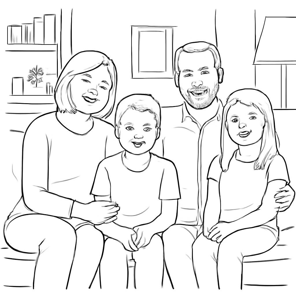 A happy family of four (mother, father, son, daughter) sitting on a sofa in a cozy living room, smiling, realistic photo style, warm lighting.