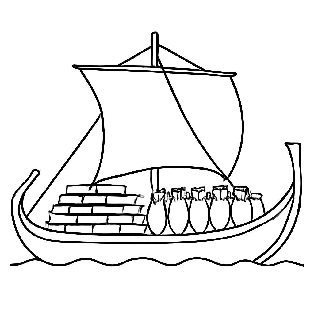Black and white line-art illustration of an ancient Phoenician merchant ship laden with amphorae and timber stacks, simple bold contours, side view, no shading, suitable for school coloring.
