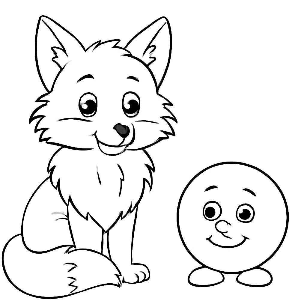 Black-and-white line-art coloring page for kids: a fluffy fox (lisa) sitting next to Kolobok, simple bold contours, no shading.