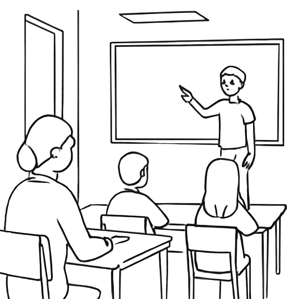Black and white line art: a student standing at a chalkboard in a classroom, giving a presentation to the teacher and classmates, simple contours, no shading, classroom interior.