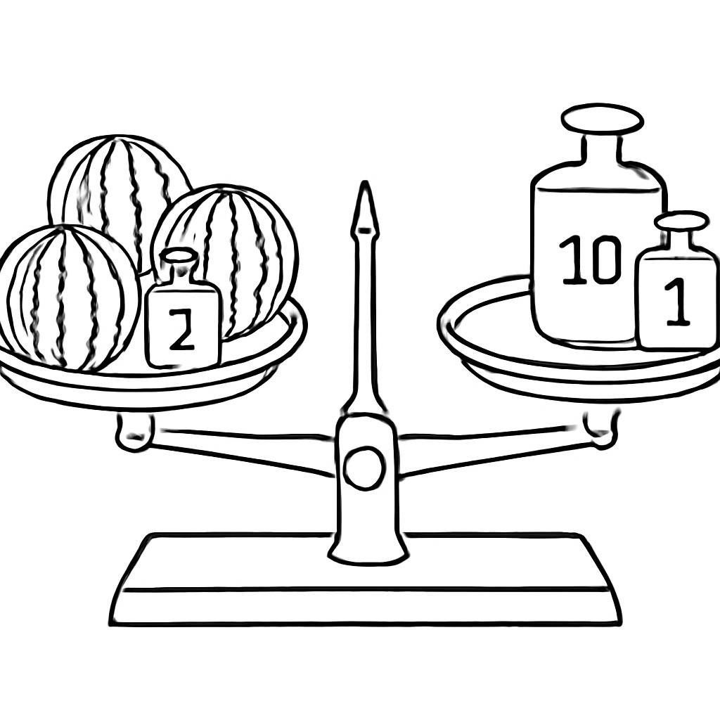 A realistic colorful illustration of a mechanical balance scale. On the left pan, there are 3 identical green watermelons and a 2kg weight. On the right pan, there is 1 identical green watermelon and a 10kg weight. The scale is perfectly balanced. High quality, educational style.