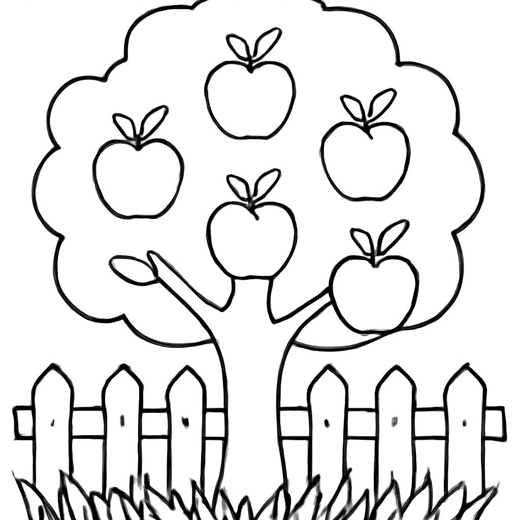 Black-and-white line-art coloring page for kids: a large apple tree with big fruits, a wooden fence, and thick grass, simple bold contours, no shading, suitable for crayons.