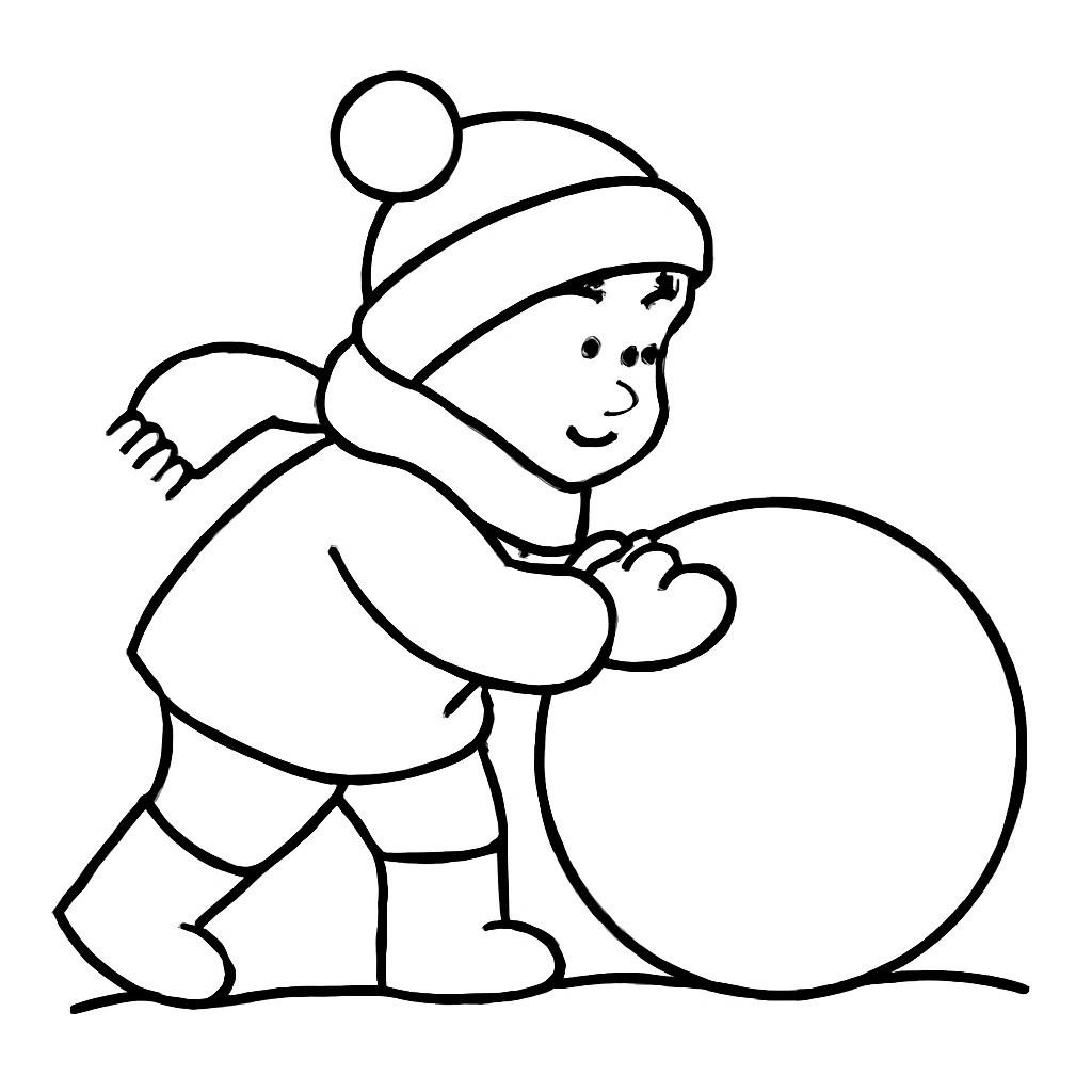 Black-and-white line-art coloring page for kids: a child in winter clothes rolling a big snowball, simple bold contours, no shading.