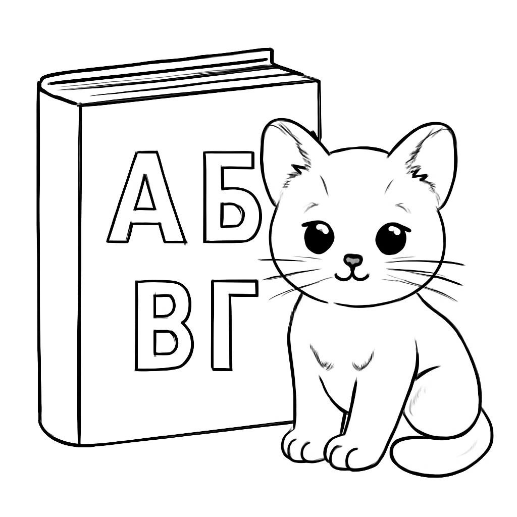 Black-and-white line-art coloring page for kids: a cute realistic kitten sitting next to a big alphabet book, simple bold contours, no shading, suitable for crayons.