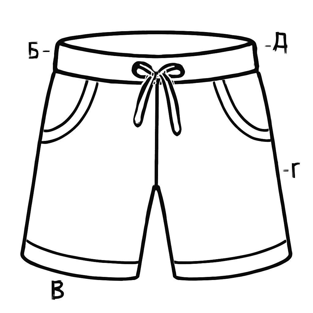 Black-and-white line-art coloring page for kids: summer shorts, simple bold contours, no shading.